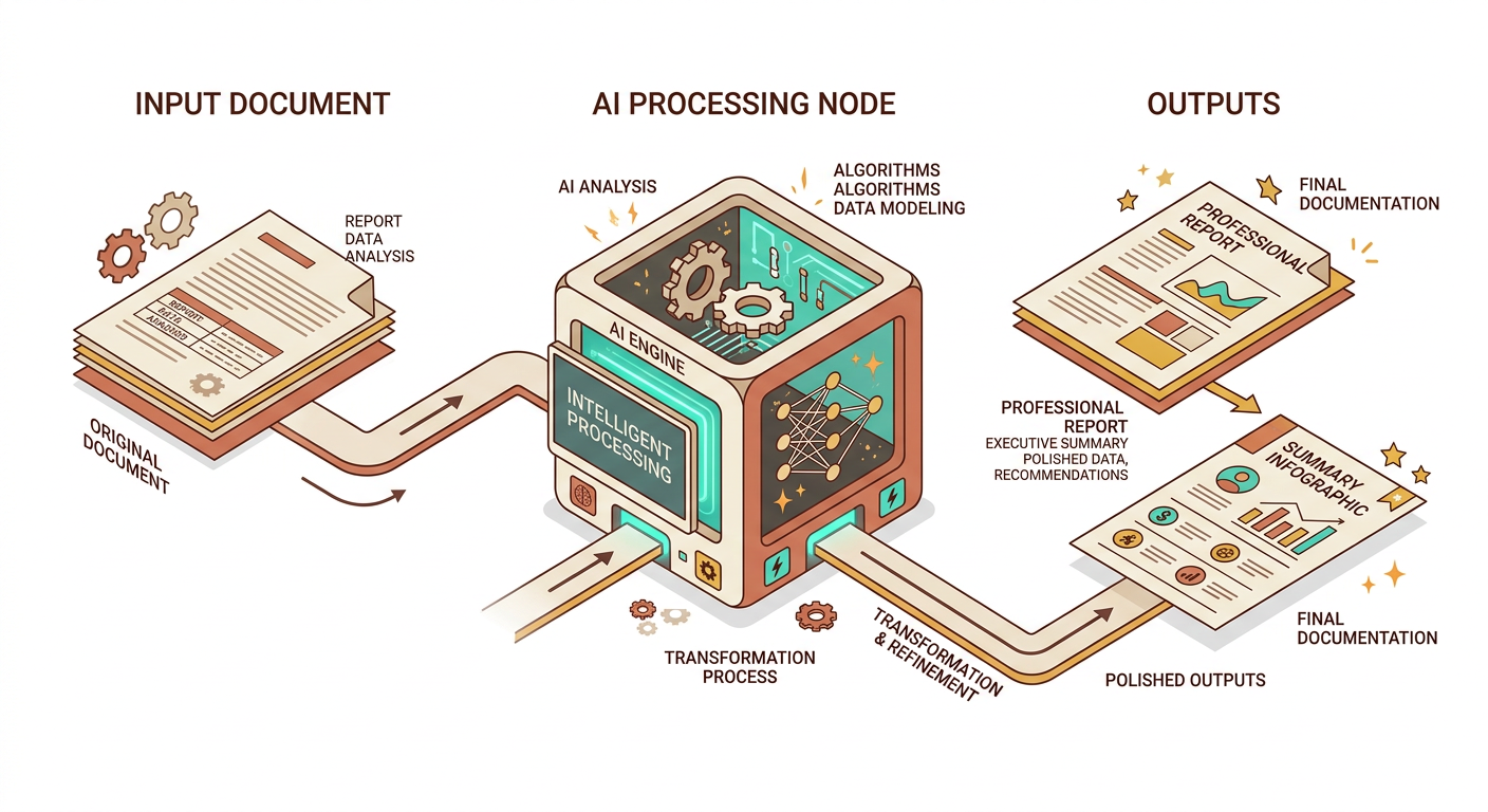 Isometric diagram showing a document being transformed through an AI processing node into polished output.