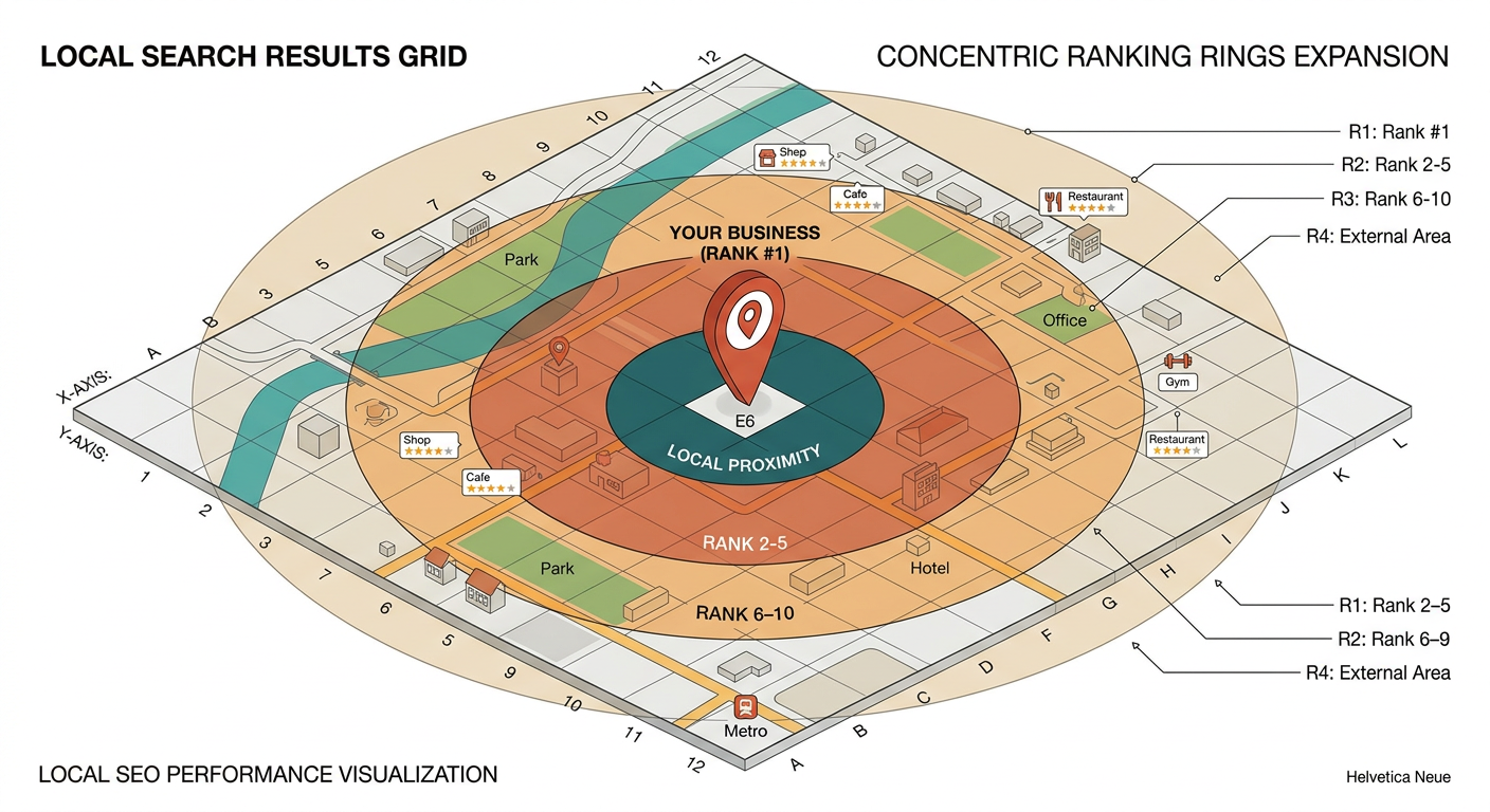 Isometric diagram showing a map pin on a local search results grid with concentric ranking rings expanding outward.